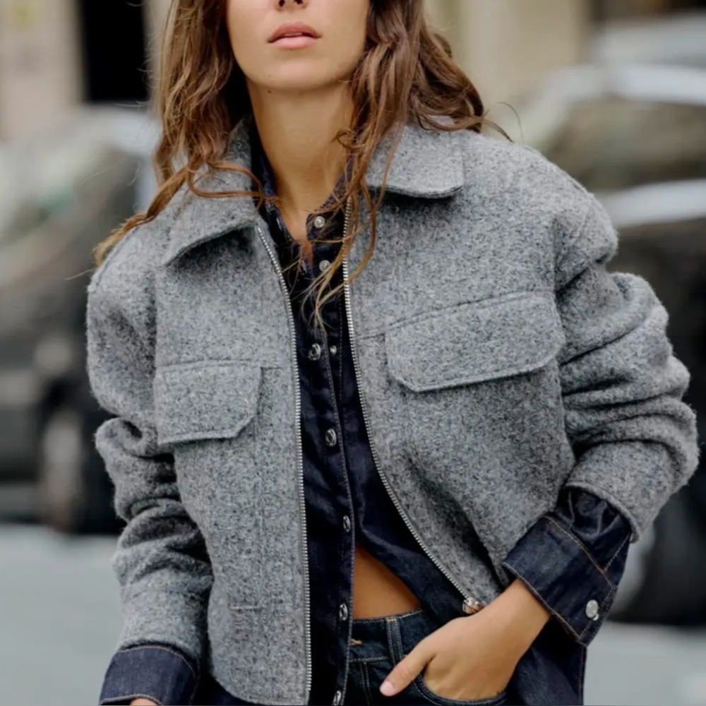 NWT Charcoal Grey Cropped Teddy Jacket with Oversized Fit